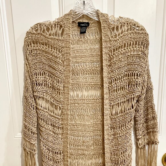 Rue 21 Crochet Open Weave Fringe Cardigan 3/4 sleeve Size Small Tan Beach Cover - Picture 1 of 10